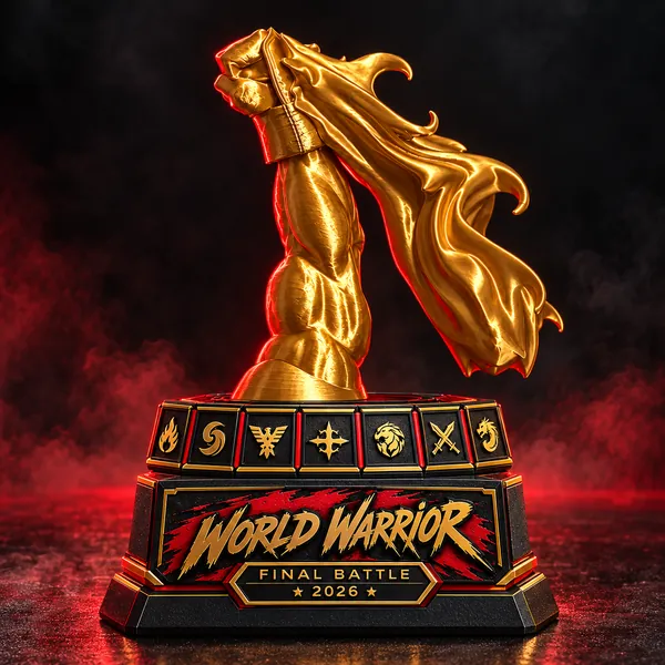 World Warrior Trophy — troféu dourado com punho erguido e base octogonal